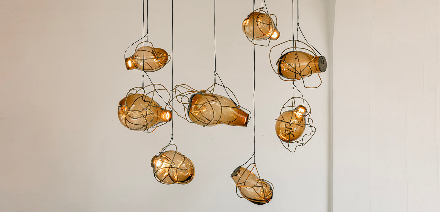 Nebula Lighting Sculpture - 8 Bubbles - Amber Glass