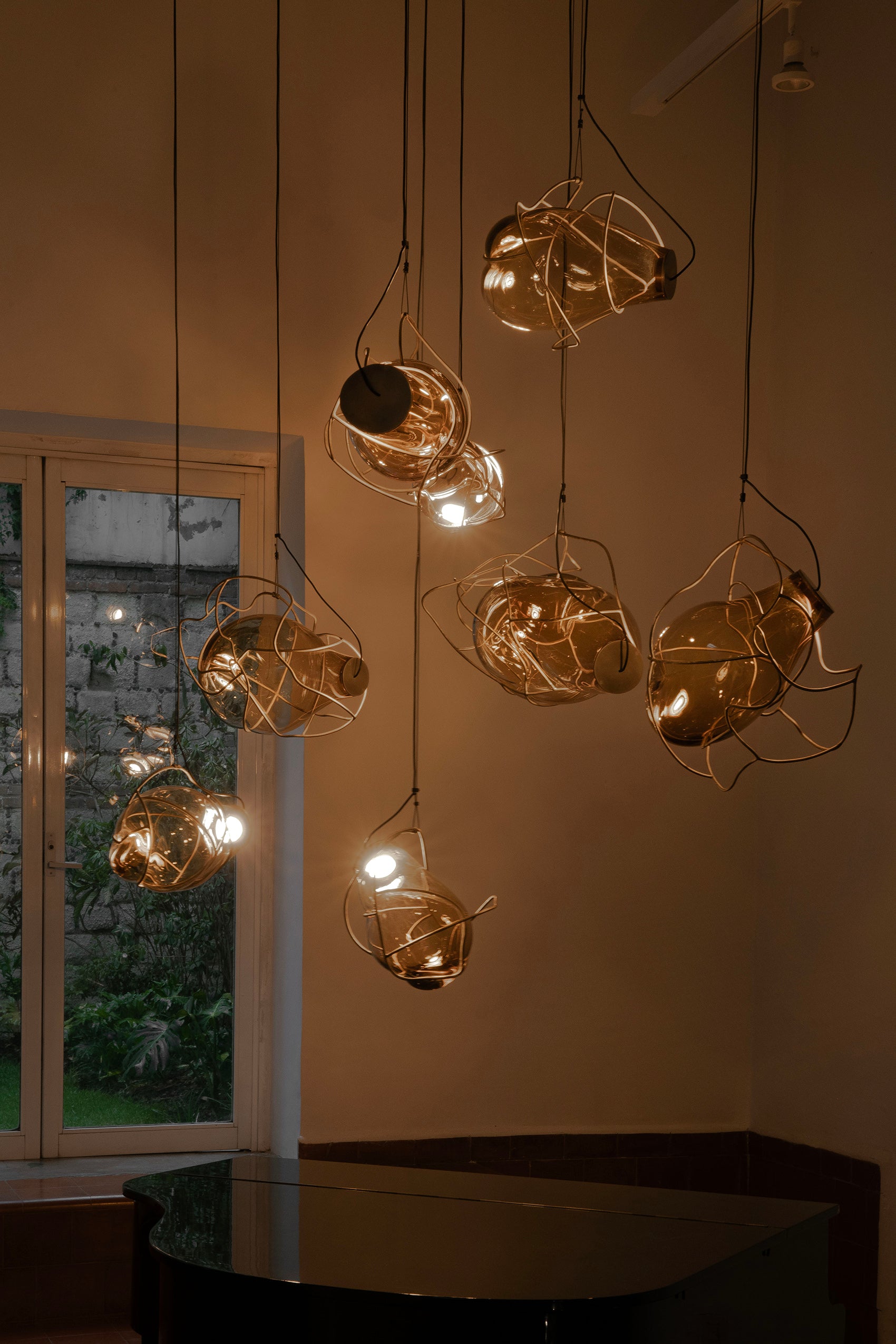 Nebula Lighting Sculpture - 8 Bubbles - Amber Glass