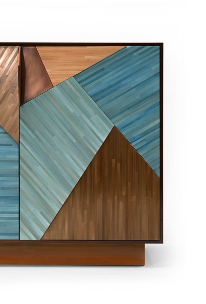 Cubist Credenza in Straw Marquetry and Bronze